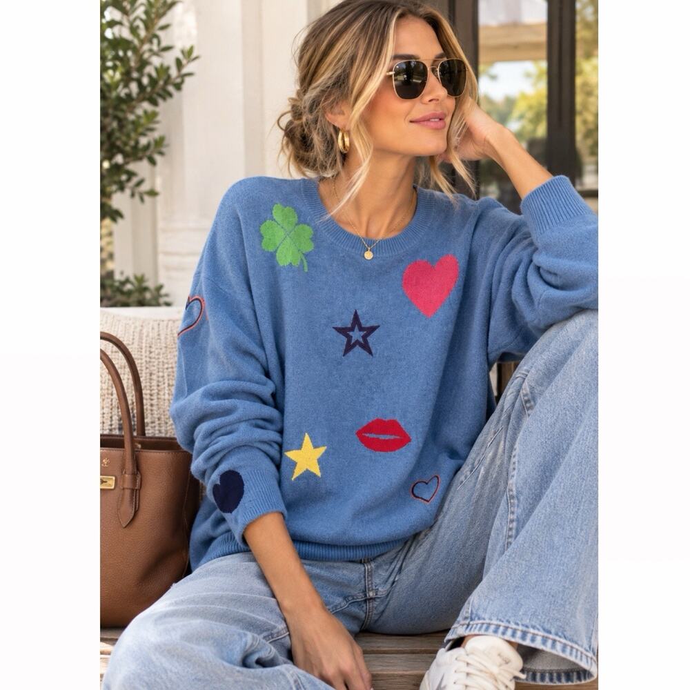Zaket & Plover Cotton Cashmere Sweater XL Blue Heart Clover Lips Star Crew Neck